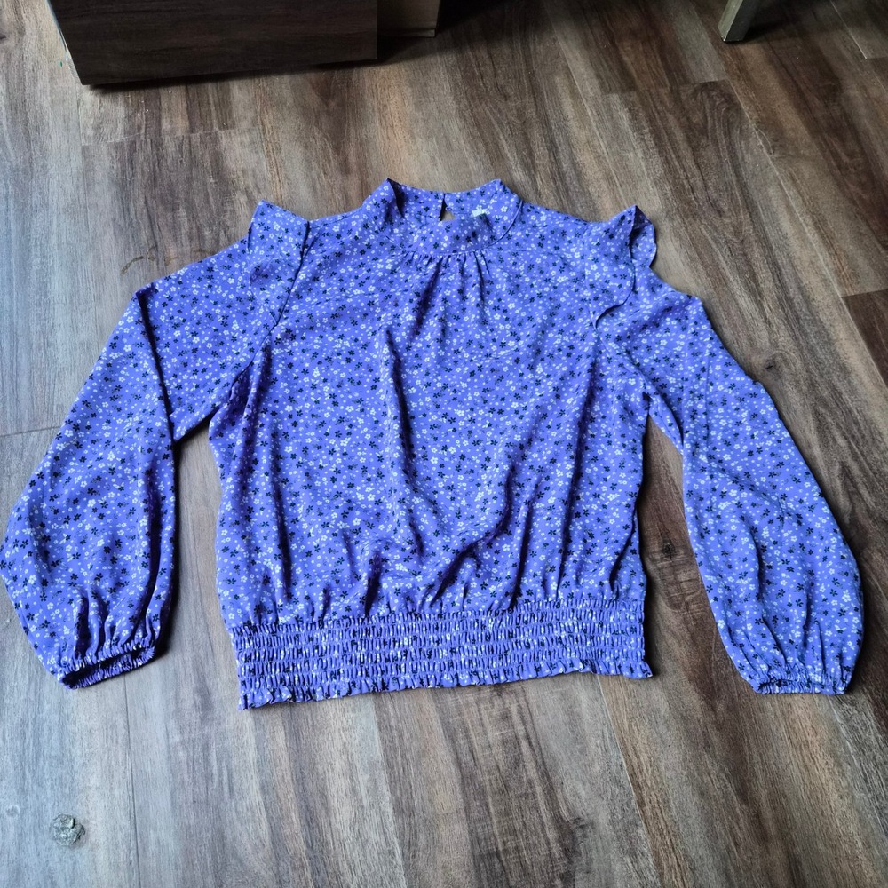 Loft Purple Ditsy Floral Mock Neck Smocked Hem Blouse Large Ruffle Sleeve Boho